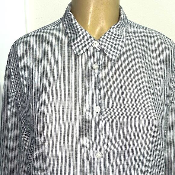 NORDSTROM Signature Linen Striped Blouson Long Blouse Sz S Gray White - Picture 4 of 10